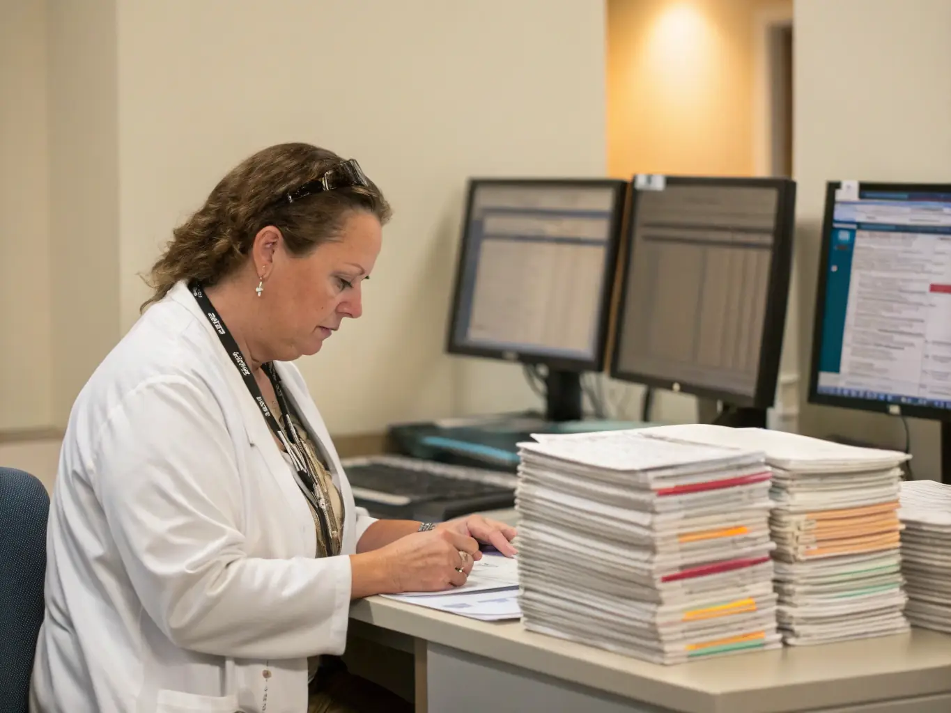 An image showing a healthcare administrator reviewing a detailed report on claim denials and appeals, highlighting the importance of effective denial management.