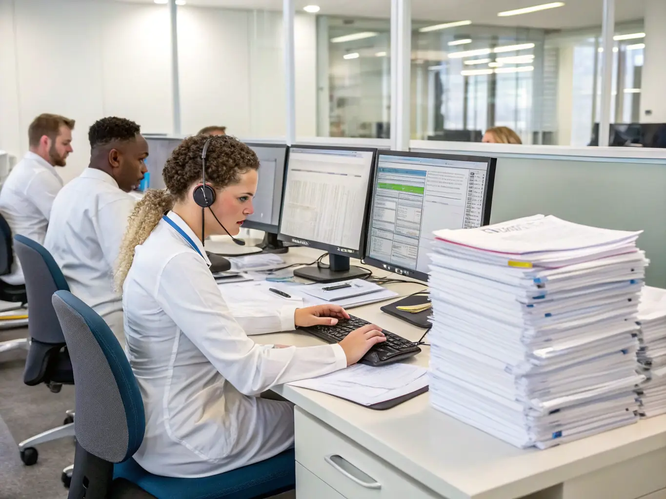 An image depicting a diverse team of medical billing specialists collaborating in a modern office setting, reviewing patient records and utilizing advanced billing software.